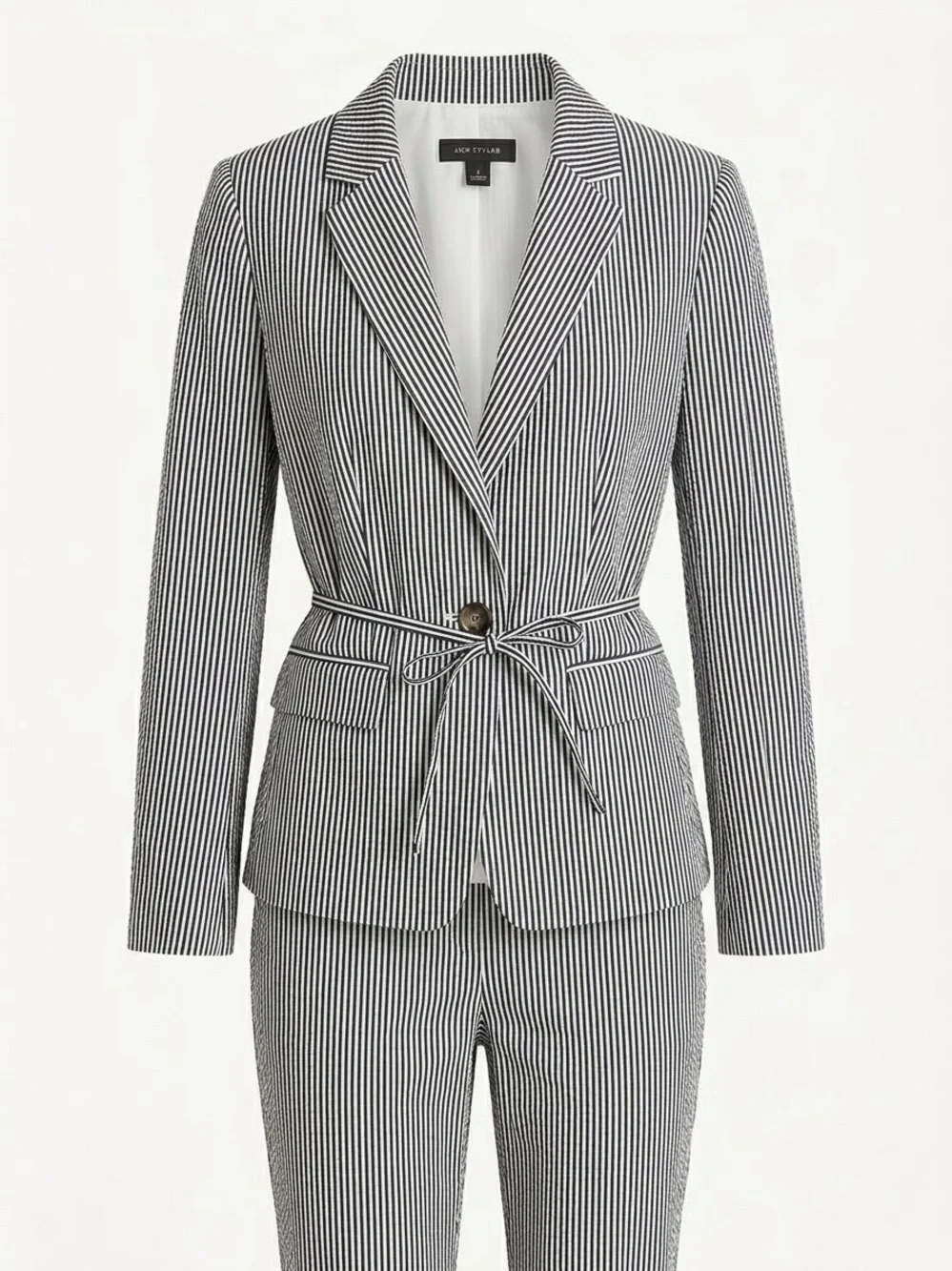 Ann Taylor Devin Fit Navy & White Seersucker Suit Set - Blazer Sz 4 + Pants Sz 6